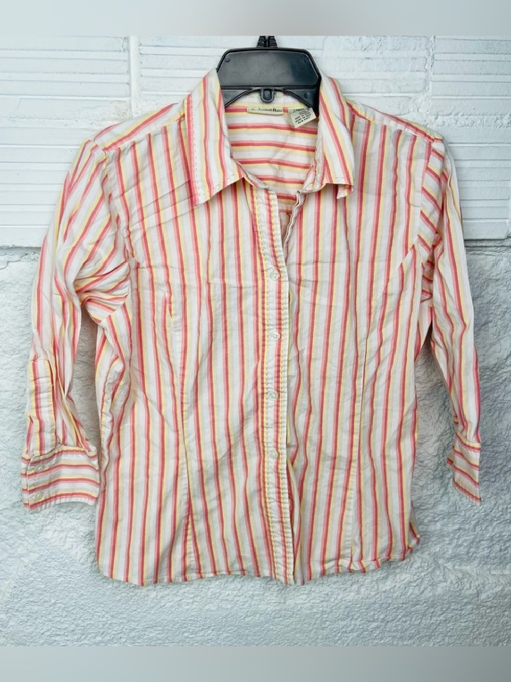 St. John's Bay Pink, Yellow & White Striped cotton stretch Button-Down Shirt L
